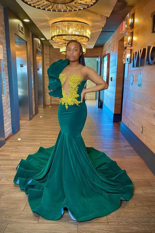 Modern Dark Green One Shoulder Mermaid Prom Dress With Appliques