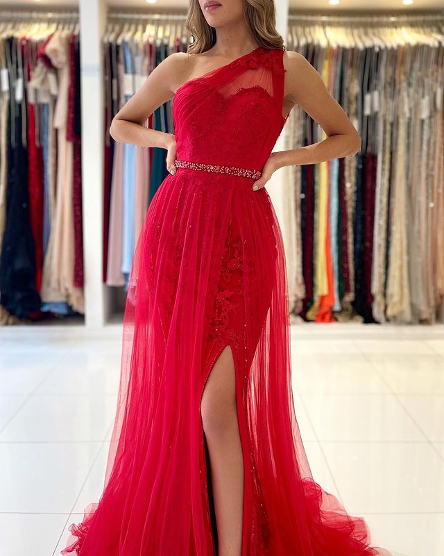 Stunning One Shoulder Red Tulle Prom Dress Lace With Slit