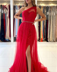 Stunning One Shoulder Red Tulle Prom Dress Lace With Slit