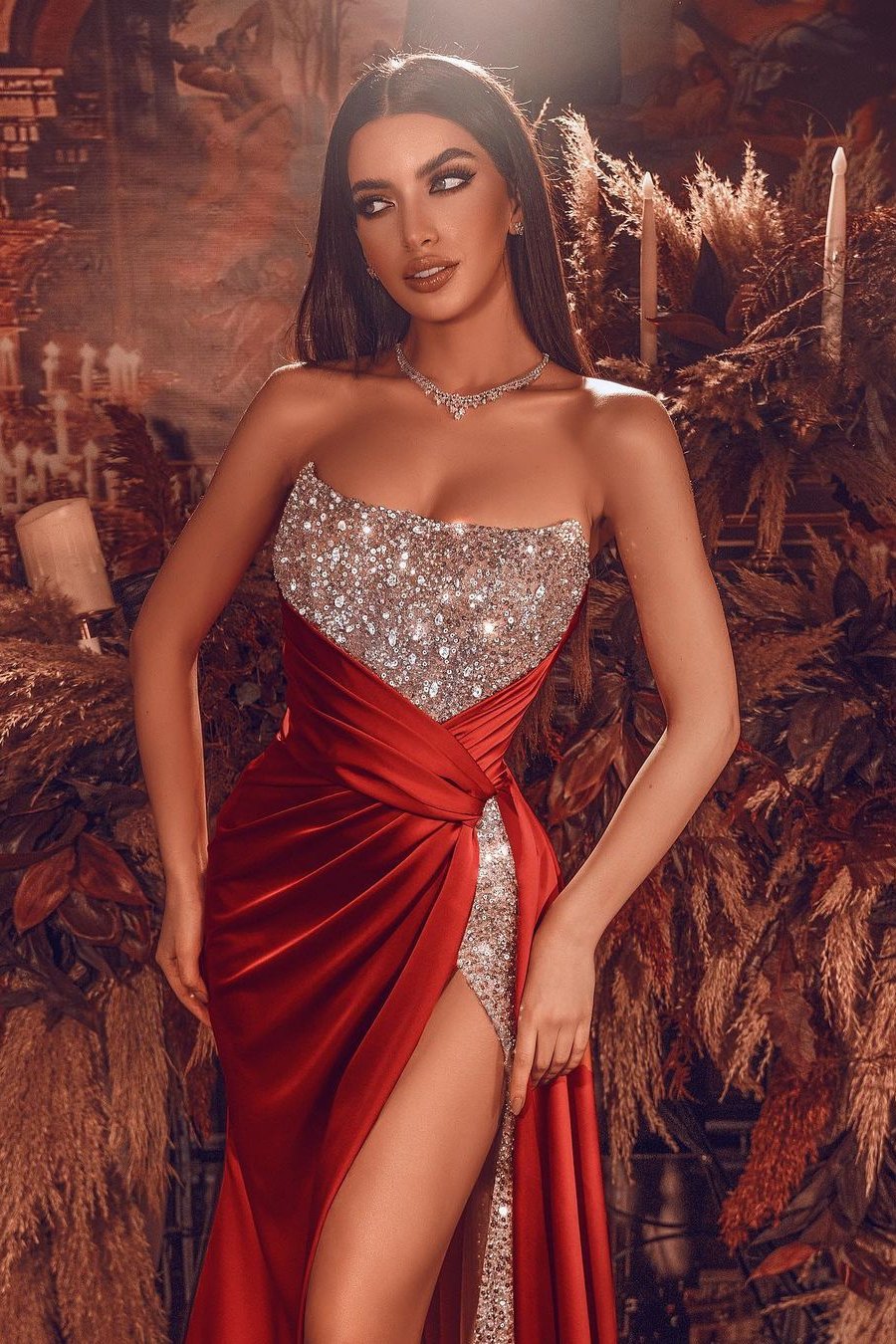 Red Strapless Beadings Prom Dress Long With Slit