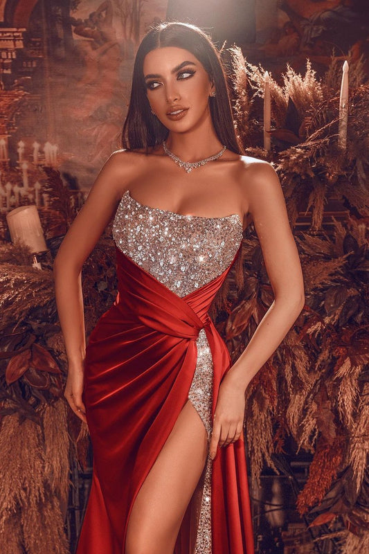 Red Strapless Beadings Prom Dress Long With Slit