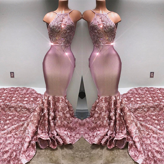 Stunning Pink Halter Lace Mermaid Prom Dress WIth Flowers Bottom