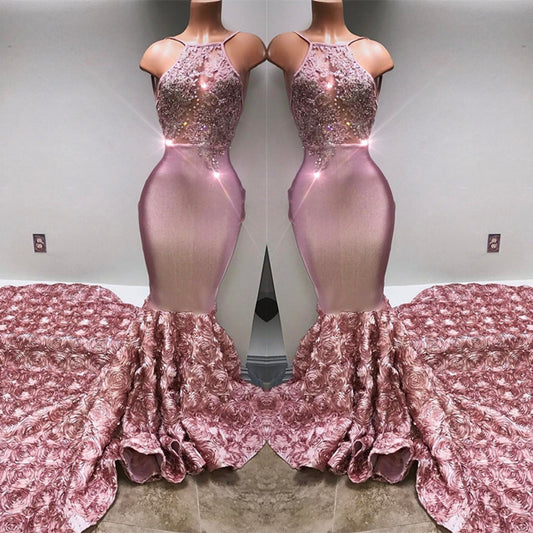 Stunning Pink Halter Lace Mermaid Prom Dress WIth Flowers Bottom