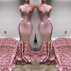 Stunning Pink Halter Lace Mermaid Prom Dress WIth Flowers Bottom