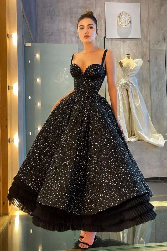 Black Spaghetti Strap Sweetheart A-Line Prom Dress Ankle Length with Sequins