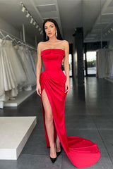 Stunning Red Strapless Mermaid Prom Dress Long With Slit