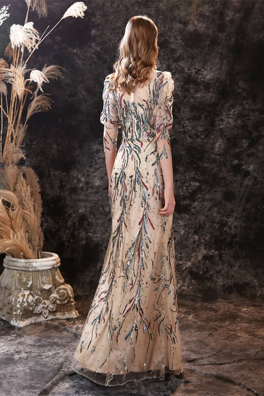 New Arrival Half Sleeves Sequins Mermaid Prom Gown Long Sheer