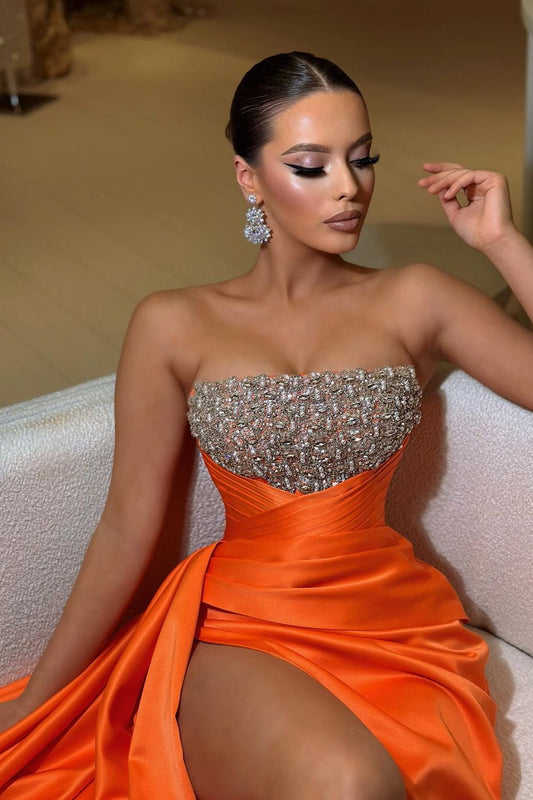 Modern Orange Slit Prom Dresses Strapless With Beads