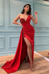 One Shoulder Red Slit Prom Dress Sequins Ruffles