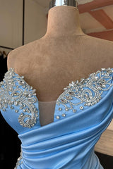 Modern Baby Blue Sweetheart Prom Dresses Mermaid With Crystal Split Long