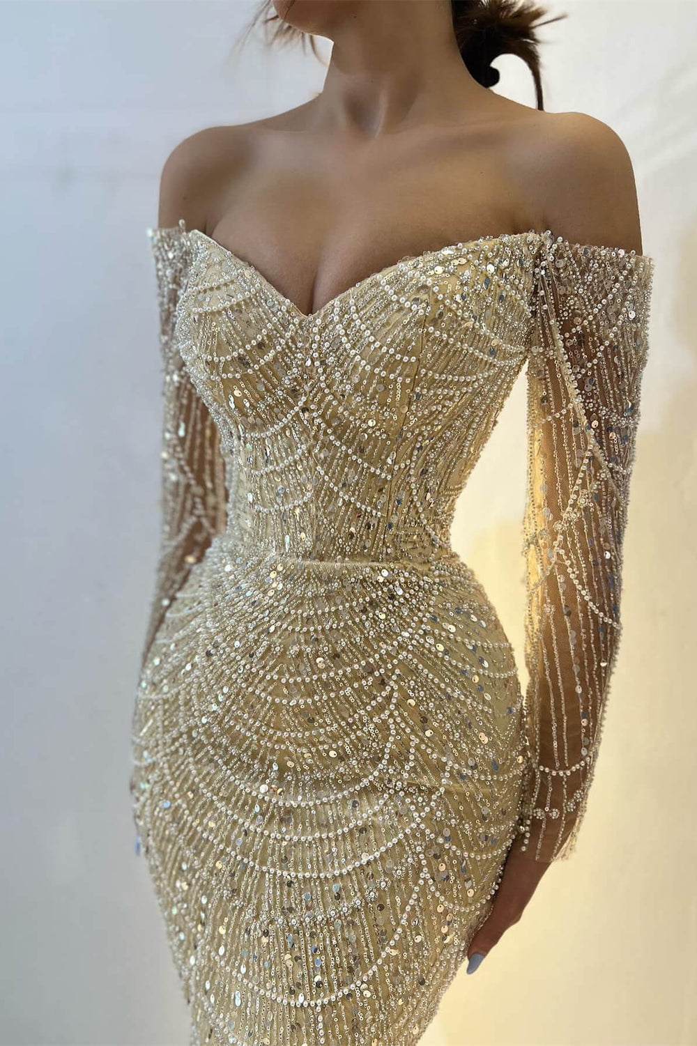 Stunning Off-the-Shoulder Long Sleeves Evening Prom Dress Mermaid Sequins Beadings With Pearls