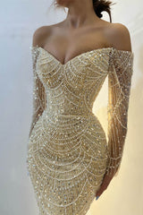 Stunning Off-the-Shoulder Long Sleeves Evening Prom Dress Mermaid Sequins Beadings With Pearls