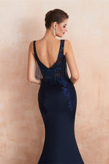 New Arrival Dark Navy Sleeveless Mermaid Prom Dress Long With Appliques