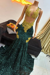 Modern Dark Green Mermaid Sequins Prom Dress Sleeveless With Gold Beads