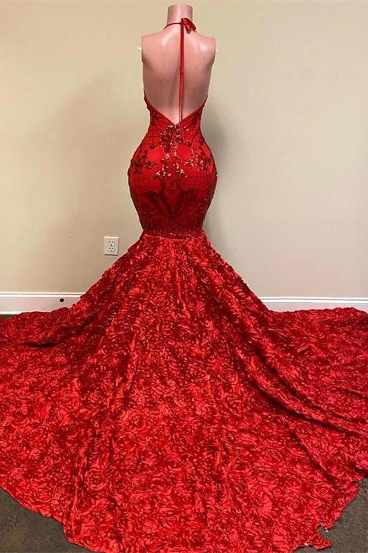 Classic Spaghetti-Straps Red Prom Dress Mermaid Sequins Flowers Bottom