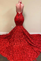 Classic Spaghetti-Straps Red Prom Dress Mermaid Sequins Flowers Bottom