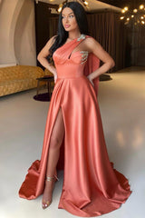 Stunning Coral Orange One Shoulder Long Prom Dress Split With Beads