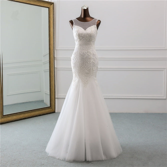 Elegant Lace Mermaid Wedding Gown in Jewel-Toned Tulle with Backless Design
