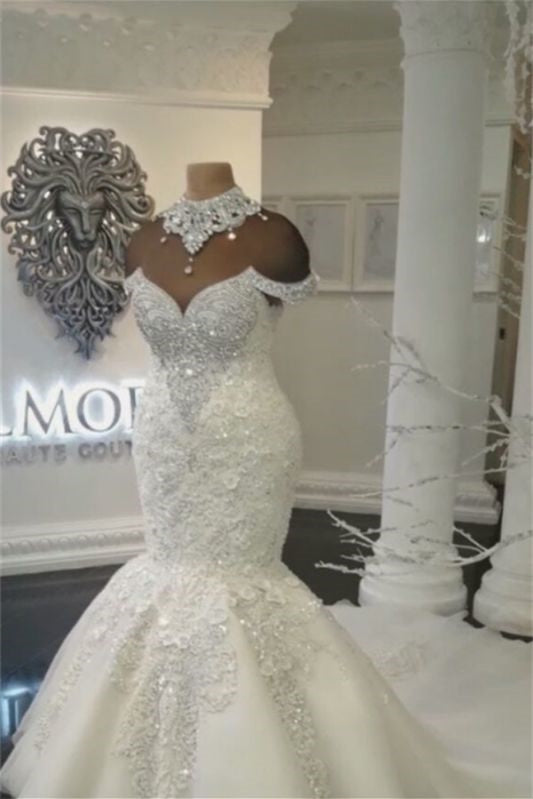 Mermaid Wedding Dress with High Collar and Off-the-Shoulder Beaded Lace Appliques