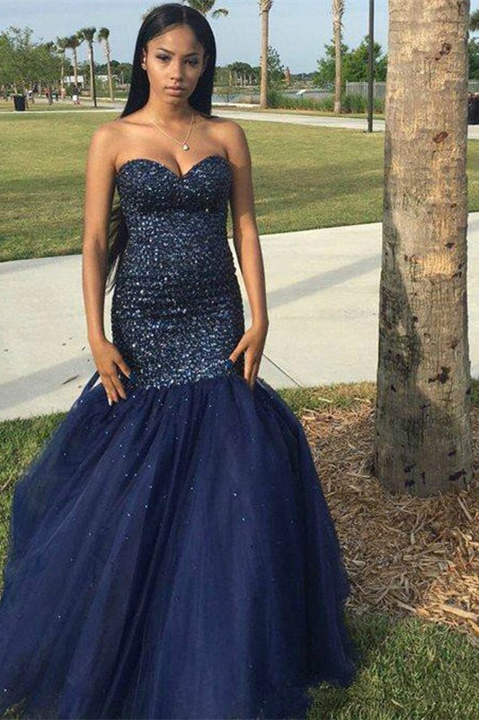 Stunning Sweetheart Sequins Appliques Navy Mermaid Prom Dress