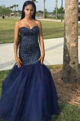 Stunning Sweetheart Sequins Appliques Navy Mermaid Prom Dress