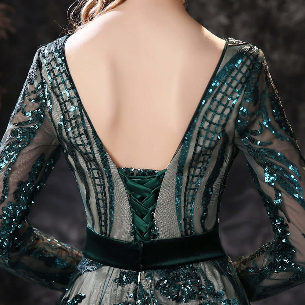 New Arrival Dark Green Sequins Long Sleeves Prom Dress With Detachable Skirt