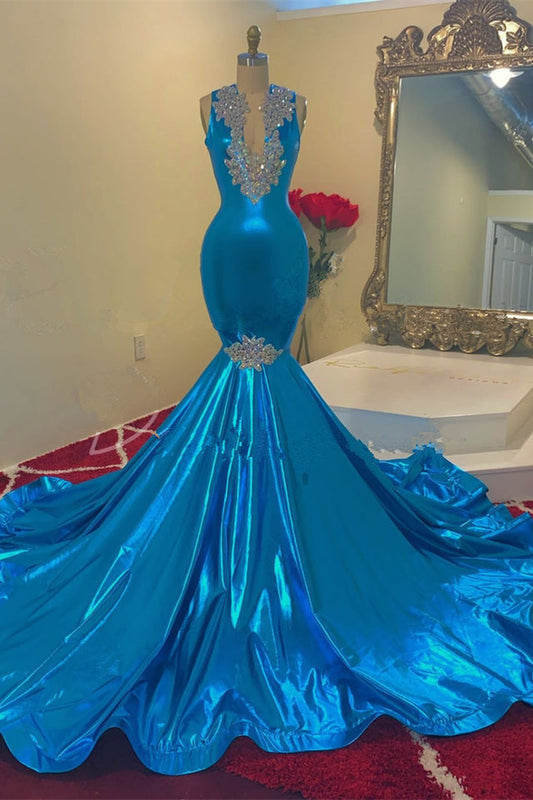 Modern Ocean Blue Sleeveless V-Neck Mermaid Prom Dress With Appliques
