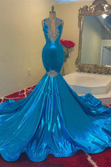 Modern Ocean Blue Sleeveless V-Neck Mermaid Prom Dress With Appliques