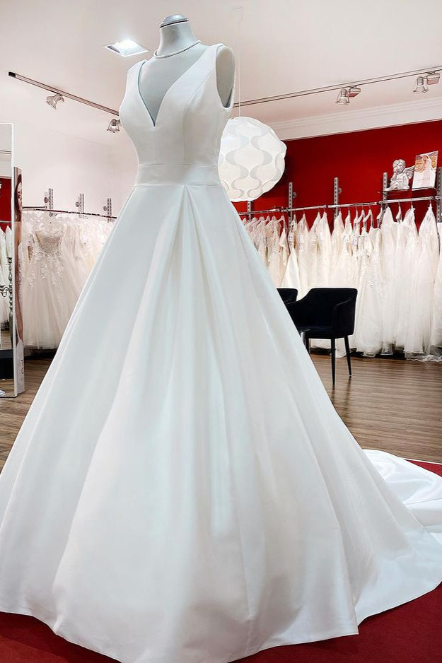 Elegant V-Neck A-Line Long Satin Wedding Dress Featuring Ruffles and Open Back