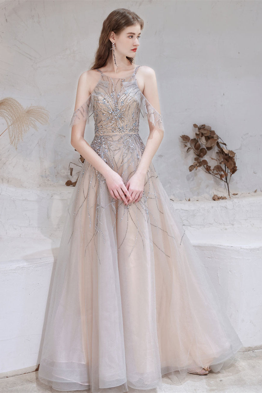 Gorgeous Halter Sleeveless Prom Dress Tulle With Beadings Crystals