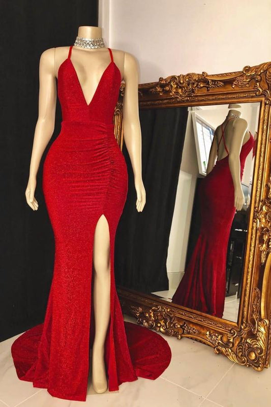 Red Halter V-Neck Prom Dress Long Sleevesless Party Gowns With Slit
