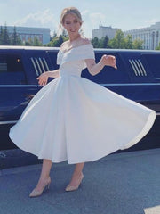 Elegant Strapless Satin A-line Wedding Dress with Off-The-Shoulder Short Sleeves