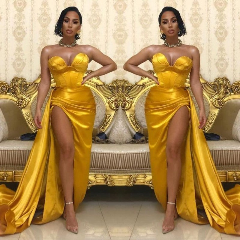 Yellow Gold Sweetheart Slit Prom Dress Long On Sale