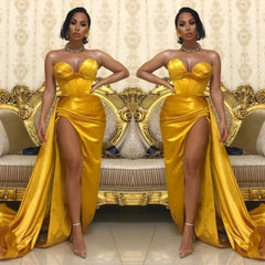 Yellow Gold Sweetheart Slit Prom Dress Long On Sale