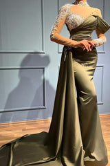 Classy High neck Long Sleeves Prom Dress Mermaid Ruffles With Applique Beads
