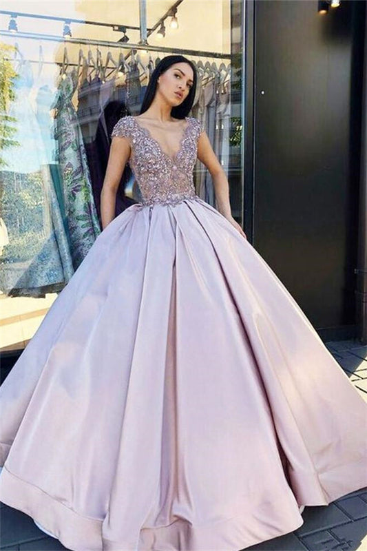 Stunning Cap Sleeves Lace Appliques Ball Gown Prom Dress V-Neck