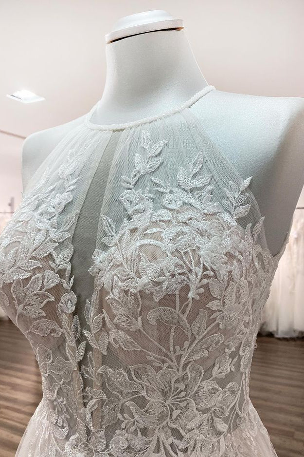 Elegant A-line Long Wedding Dress with Lace Tulle and Open Back