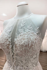 Elegant A-line Long Wedding Dress with Lace Tulle and Open Back