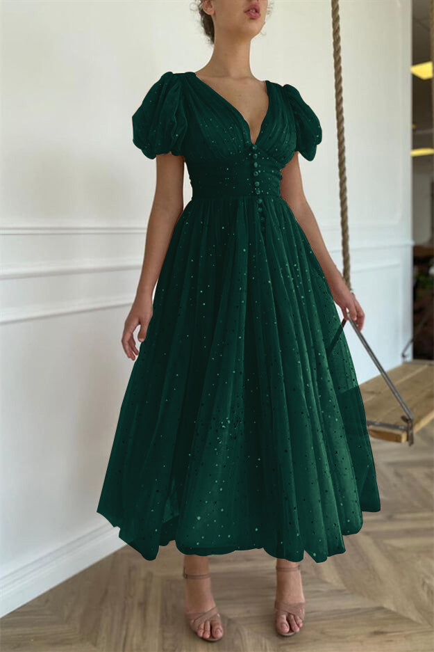 Elegant Taupe Pink V-Neck Short Sleeves Prom Dress with Sequins