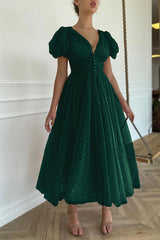 Elegant Taupe Pink V-Neck Short Sleeves Prom Dress with Sequins