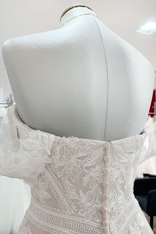 Elegant Off-the-shoulder A-line Wedding Dress in Tulle Lace with Appliques
