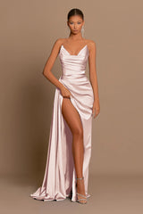 Elegant Dusty Blue Prom Dress Long V Neck Dress With Slit Pleated