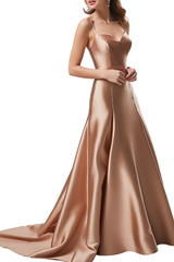 Dusty Rose Charmeuse Prom Dress Spaghetti Strap Long Cowl Neck