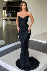 Black Sequin Prom Dress V Neck Mermaid Dress