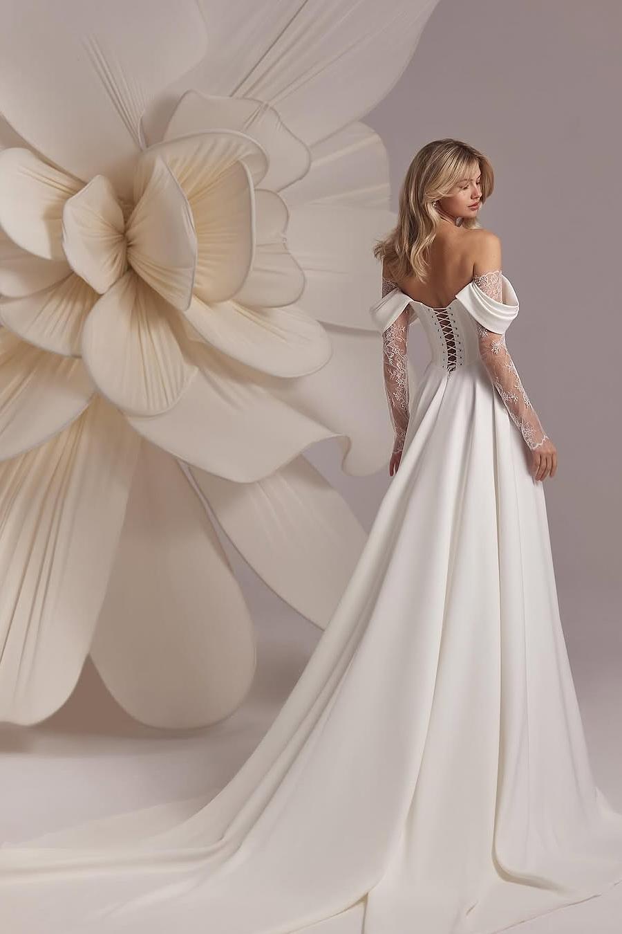 Elegant White Satin Off-the-Shoulder Gown with Long Sleeves and Lace Split | Ballbellas