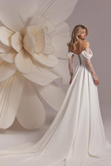 Elegant White Satin Off-the-Shoulder Gown with Long Sleeves and Lace Split | Ballbellas