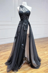 Black One Shoulder A Line Long Slit Prom Dress with Lace