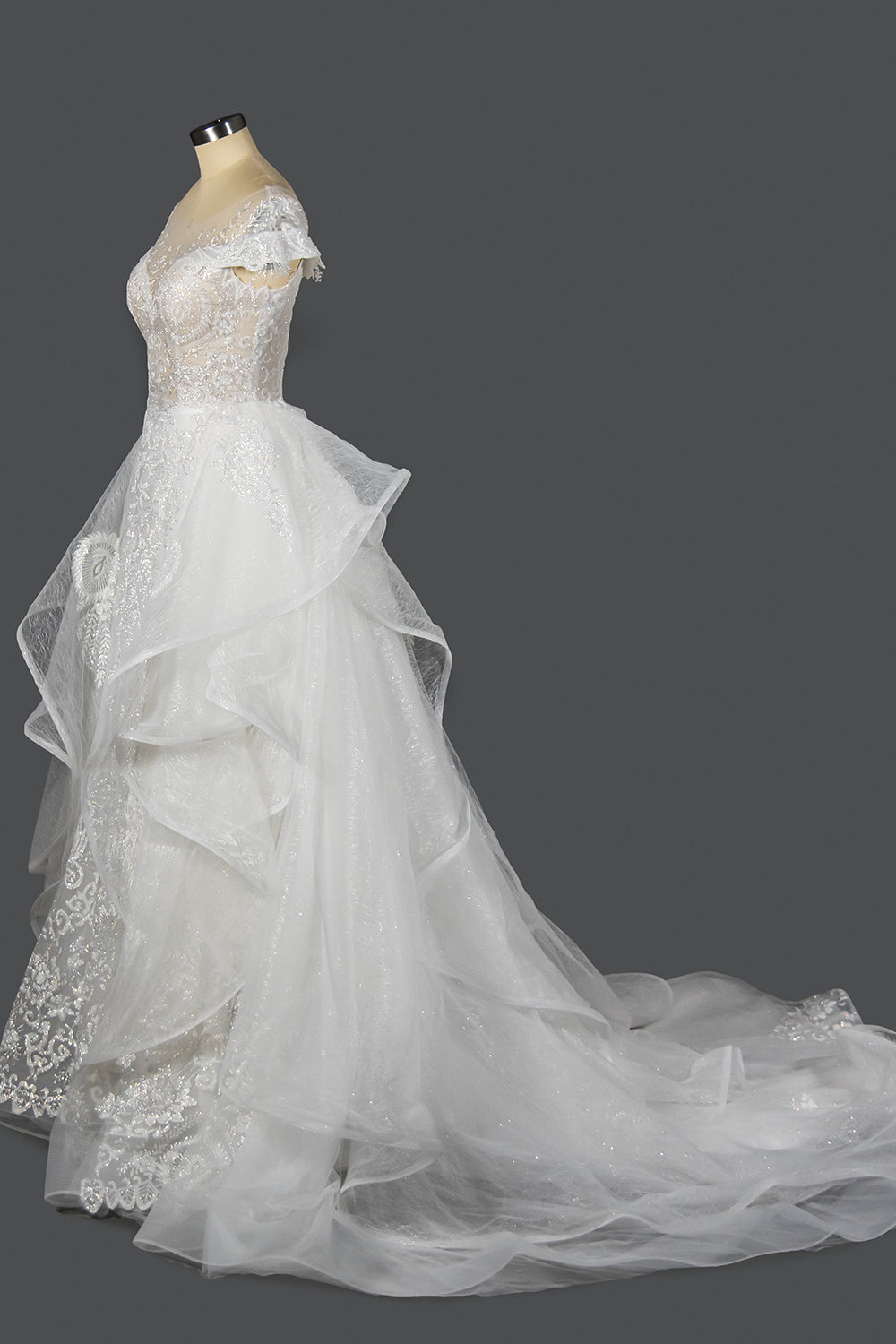 Wedding Ball Gown with Vintage Sequins, Tulle Appliques, and Ruffles