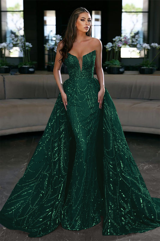 Glamorous Ocean Blue V Neck Strapless Prom Dress with Sequins