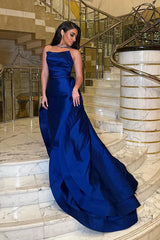 Modern Strapless Royal Blue Mermaid Prom Dress Overskirt Long